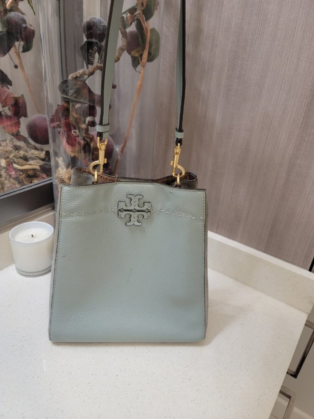Tory Burch Light Sage Leather Crossbody Bag with Gold Hardware